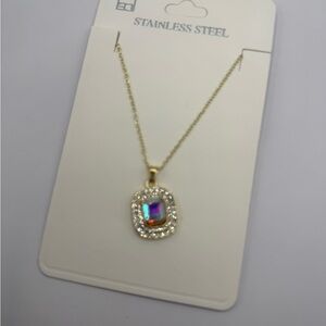 Elegant Gold Stainless Steel Necklace with Iridescent Pendant